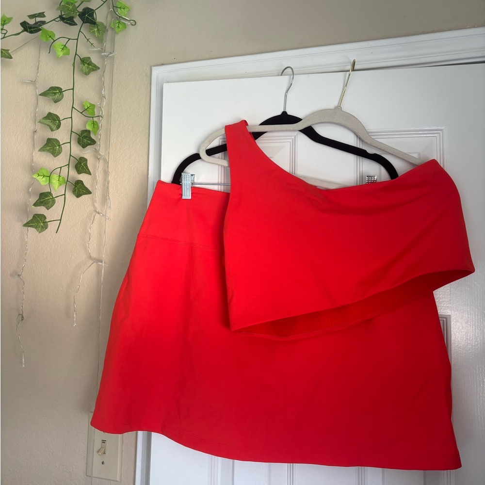 Girlfriend Collective skirt and one shoulder top (reddish orangish color) XXL